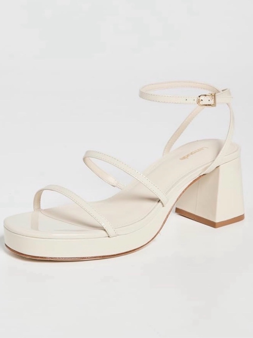 Larroude Cream Strappy Block Heel Sandal with Ankle Buckle 6
